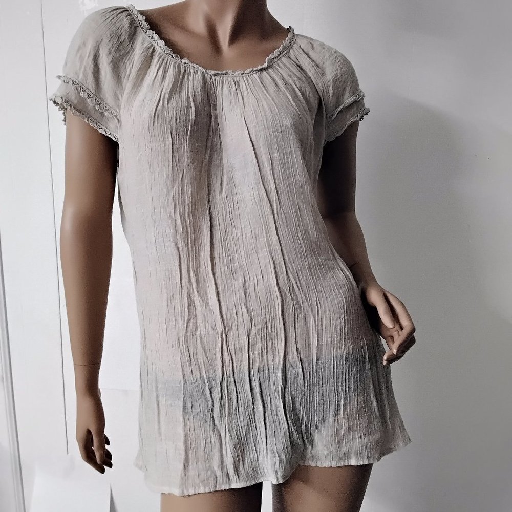 Spense Summer Boho Blouse Size L NEW Lightweight Beige Short Sleeves Crochet*002